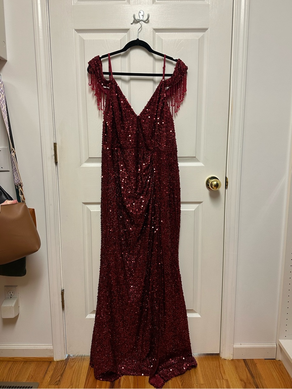 Maniju Burgundy Red Sequin Beaded Fringe Formal Gown Dress – Size 1X